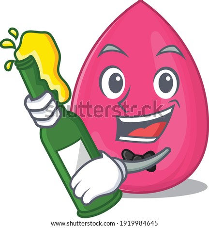 A caricature design style of makeup sponge cheers with a bottle of wine. Vector illustration