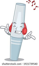 A Caricature design style of mascara listening music on headphone. Vector illustration