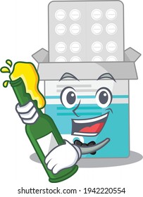 A caricature design style of medical medicine bottle cheers with a bottle of wine. Vector illustration