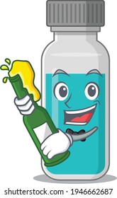 A caricature design style of medical test bottle cheers with a bottle of wine. Vector illustration