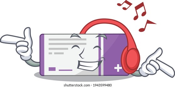 A Caricature design style of medicine box listening music on headphone. Vector illustration