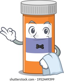 A Caricature design style of pills drug bottle as a waiter with a white napkin. Vector illustration