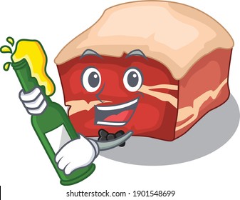 A caricature design style of pork belly cheers with a bottle of wine. Vector illustration
