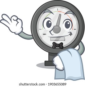 A Caricature design style of pressure gauge as a waiter with a white napkin