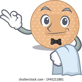 A Caricature design style of rounded bandage as a waiter with a white napkin. Vector illustration