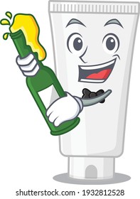 A caricature design style of shower gel cheers with a bottle of wine. Vector illustration