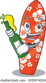 A caricature design style of surfboard cheers with a bottle of wine. Vector illustration