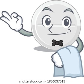 A Caricature design style of tablet drug as a waiter with a white napkin. Vector illustration