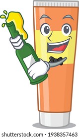 A caricature design style of toothpaste cheers with a bottle of wine. Vector illustration