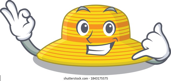 Caricature design of summer hat showing call me funny gesture