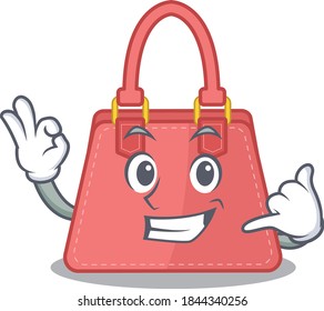 Caricature design of women handbag showing call me funny gesture