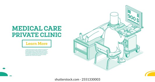 Caricature. Doctor examining patient while thinking about cost of the service on the monitor, but not the patient problem and illness. Ultrasound scan of the stomach to adult patient. Isometric style.