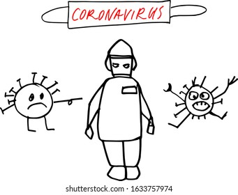 caricature of a doctor in a protective medical suit, viruses, medical mask.  Doodle illustration. Vector