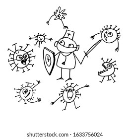 caricature of a doctor with a shield and a sword fighting against attacking viruses. Vector