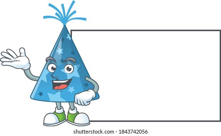 A caricature drawing of blue party hat with board. Vector illustration