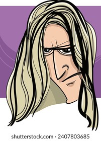 Caricature drawing illustration of adult man character with long hair