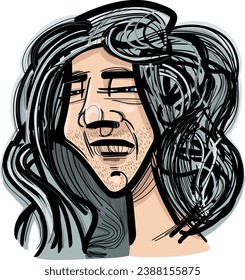 Caricature drawing illustration of young man character with long hair