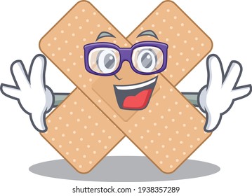 A caricature drawing of nerd cross bandage wearing weird glasses. Vector illustration