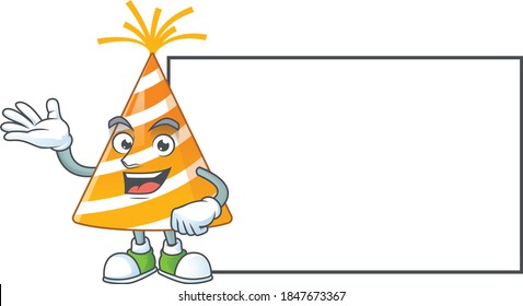 A caricature drawing of yellow party hat with board. Vector illustration