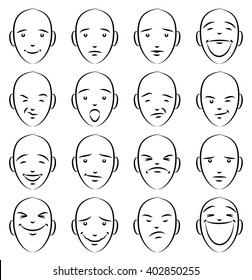 Caricature Emoticons. Unique, sixteen pieces set.