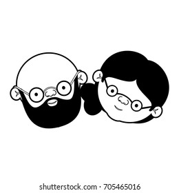 caricature face of elderly couple bald grandfather with beard and grandmother with glasses and side bun hairstyle in black silhouette sections vector illustration