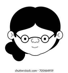caricature face grandmother side collected hair and glasses in black silhouette sections vector illustration