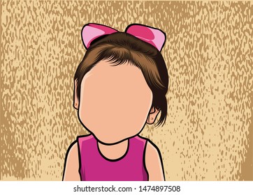 Caricature face portrait, illustration of a girl with a pink dress and blond hair.