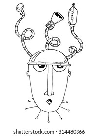 caricature face with strange mechanical hat with lightbulbs and speaker