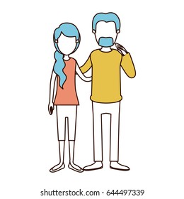 caricature faceless color sections and blue hair of full body woman with ponytail side hair and man embracing couple vector illustration