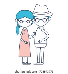 caricature faceless full body elderly couple grandmother with side ponytail hairstyle in dress and grandfather with hat and glasses in color section silhouette vector illustration
