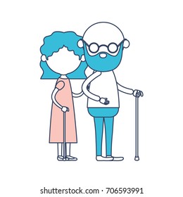 caricature faceless full body elderly couple with glasses in walking stick and grandmother with wavy short hairstyle in dress and bald grandfather with glasses in color section silhouette vector
