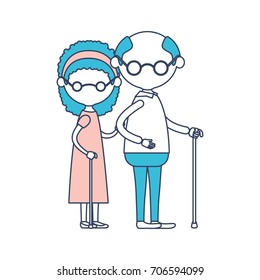 caricature faceless full body elderly couple with glasses in walking stick and grandmother with curly hairstyle in dress and grandfather in color section silhouette vector illustration