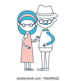 caricature faceless full body elderly couple grandmother with bow lace and curly hairstyle in dress and grandfather with hat and glasses in color section silhouette vector illustration