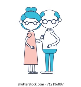 caricature faceless full body elderly couple grandmother with glasses and bun collected hairstyle in dress and grandfather with glasses in color section silhouette vector illustration