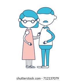 caricature faceless full body elderly couple grandmother with glasses and short straight hairstyle in dress and grandfather with moustache in color section silhouette vector illustration