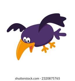 Caricature of flying funny surprised crazy crow like from cartoon