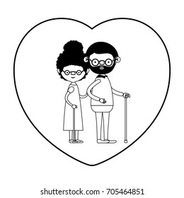 caricature full body elderly couple in walking stick with heart shape greeting card bearded grandfather and grandmother with curly bun hair in black silhouette sections vector illustration