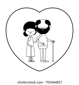 caricature full body elderly couple in walking stick with heart shape greeting card bearded grandfather in walking stick and grandmother with curly bun hair in black silhouette sections vector