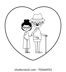 caricature full body elderly couple in walking stick with heart shape greeting card grandfather with hat and moustache in walking stick and grandmother with short hair in black silhouette sections