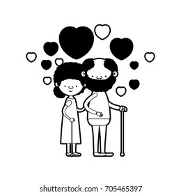 caricature full body elderly couple embraced with floating hearts bearded grandfather in walking stick and grandmother with bun hair in black silhouette sections vector illustration