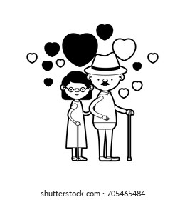 caricature full body elderly couple embraced with floating hearts grandfather with hat in walking stick and grandmother with short hair in black silhouette sections vector illustration