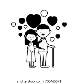 caricature full body elderly couple embraced with floating hearts grandfather with moustache in walking stick and grandmother with straight hair in black silhouette sections vector illustration