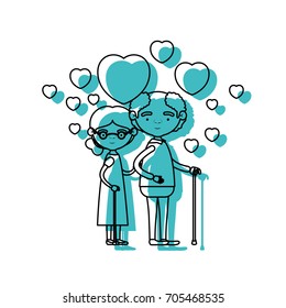 caricature full body elderly couple embraced with floating hearts grandfather in walking stick and grandmother with collected hair and glasses in blue watercolor silhouette vector illustration
