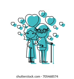 caricature full body elderly couple embraced with floating hearts bearded grandfather in walking stick and grandmother with wavy hair in blue watercolor silhouette vector illustration