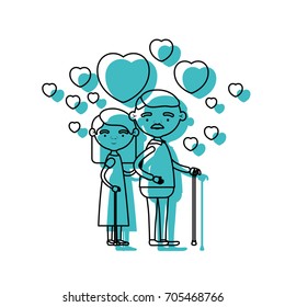 caricature full body elderly couple embraced with floating hearts grandfather with moustache in walking stick and grandmother with straight hair in blue watercolor silhouette vector illustration