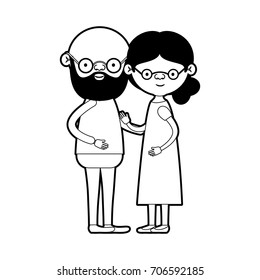caricature full body elderly couple with glasses bald grandfather with beard and grandmother with side bun hairstyle in dress in black silhouette sections vector illustration