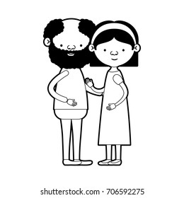 caricature full body elderly couple with glasses bearded bald grandfather with grandmother with bow lace straight short hairstyle in dress in black silhouette sections vector illustration