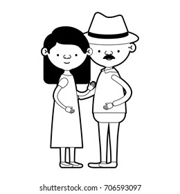 caricature full body elderly couple grandmother with straight long hairstyle in dress and grandfather with hat and moustache in black silhouette sections vector illustration
