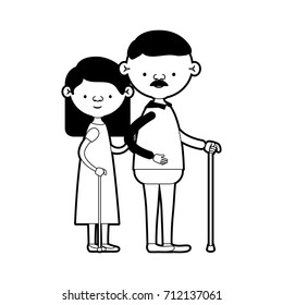 caricature full body elderly couple in walking stick grandmother with straight long hairstyle in dress and grandfather with moustache in black silhouette sections vector illustration