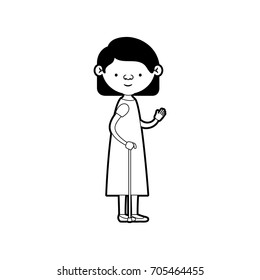 caricature full body elderly woman in walking stick with dress and collected hairstyle in black silhouette sections vector illustration